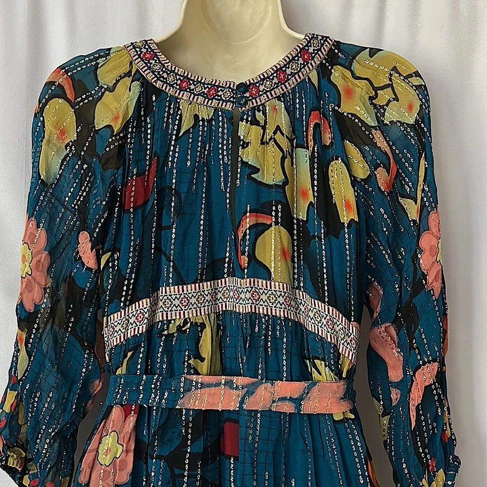 Anthropologie Verb Pallavi NWT Boho Dark Blue Floral Eulalia Gold Dress **Sz 4** - Picture 4 of 5